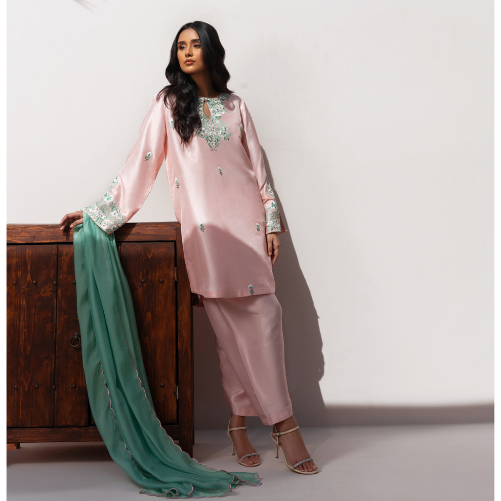 Peach Blossom – Premium Silk Embroidered Suit