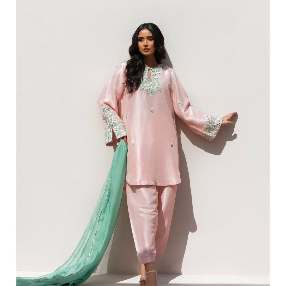 Peach Blossom – Premium Silk Embroidered Suit