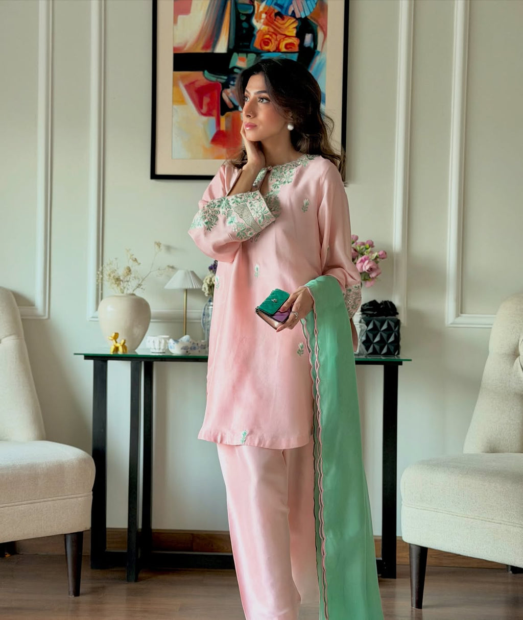Peach Blossom – Premium Silk Embroidered Suit