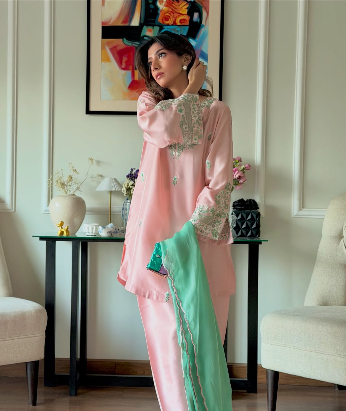 Peach Blossom – Premium Silk Embroidered Suit