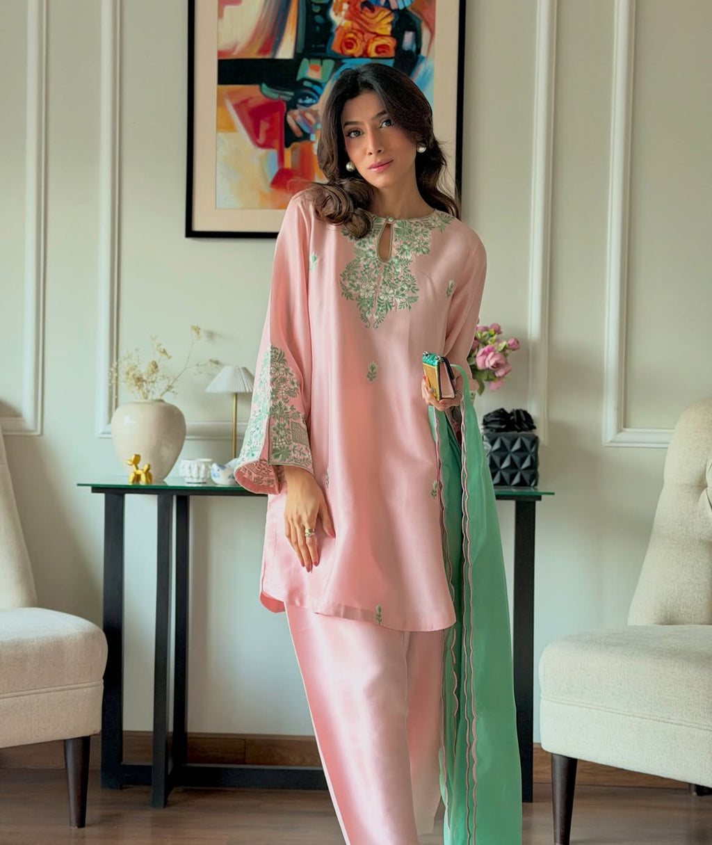 Peach Blossom – Premium Silk Embroidered Suit