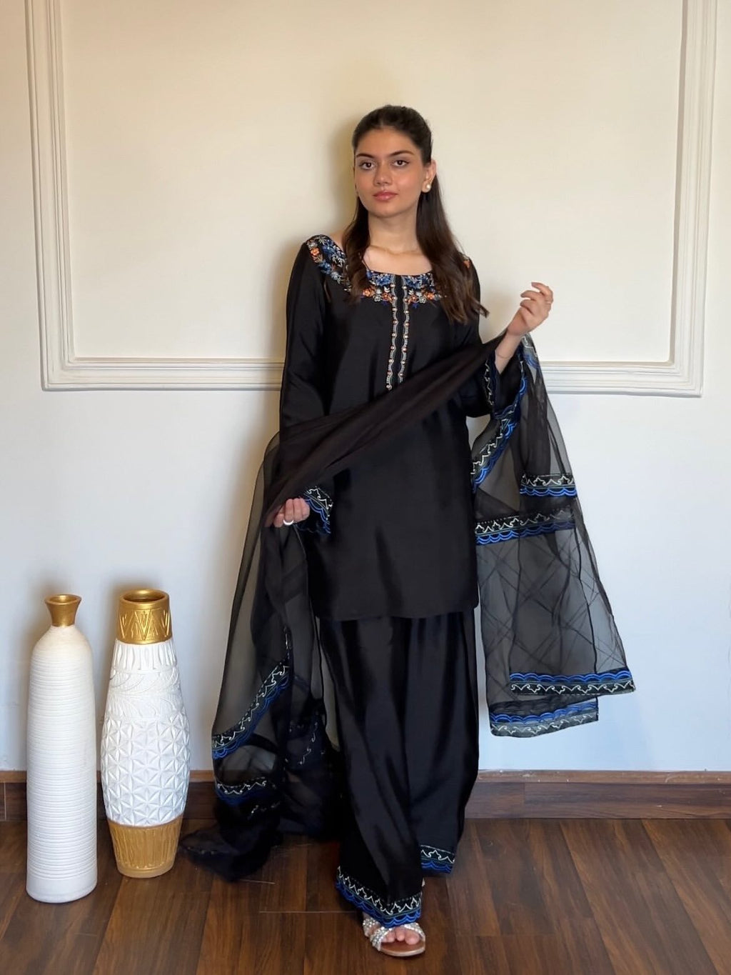 Azure Noir black silk embroidered 3 piece suit with organza dupatta by Ezno