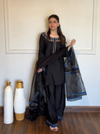 Azure Noir black silk embroidered 3 piece suit with organza dupatta by Ezno