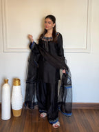 Black silk trousers with embroidered borders Azure Noir suit