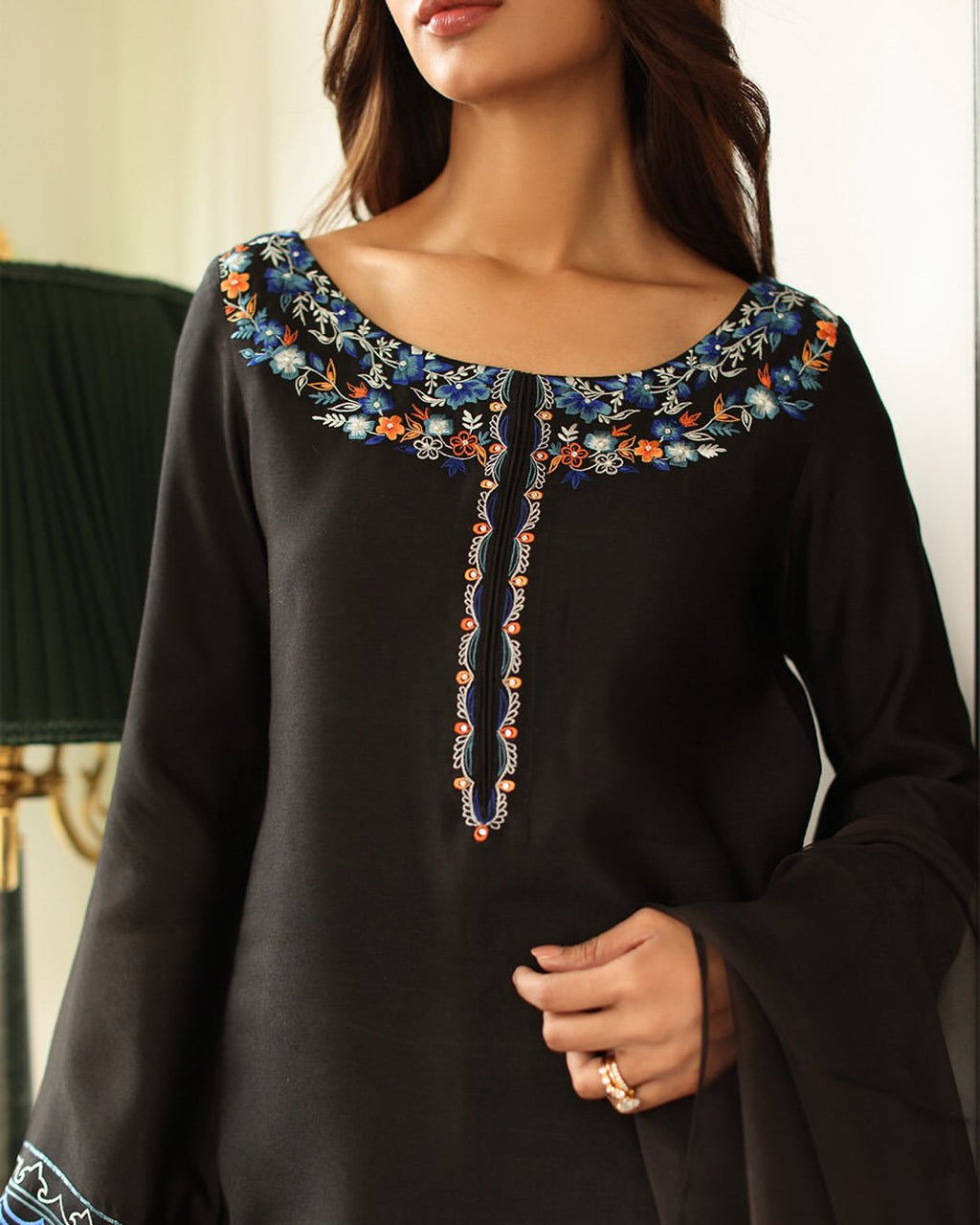Black silk trousers with embroidered borders Azure Noir suit