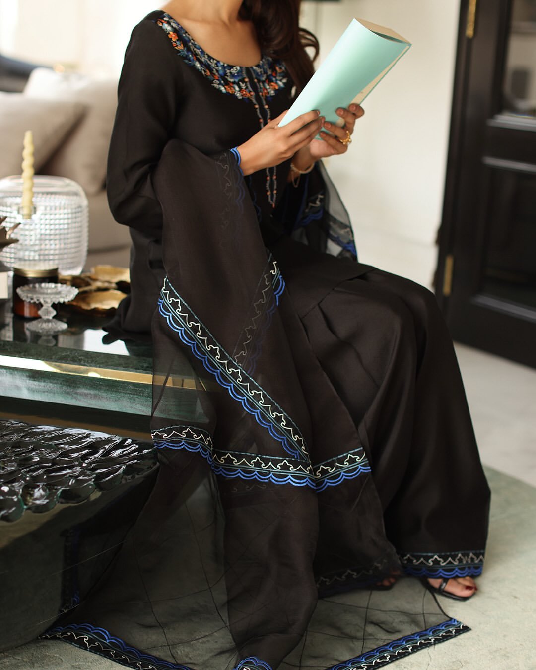 Azure Noir black silk embroidered 3 piece suit with organza dupatta by Ezno