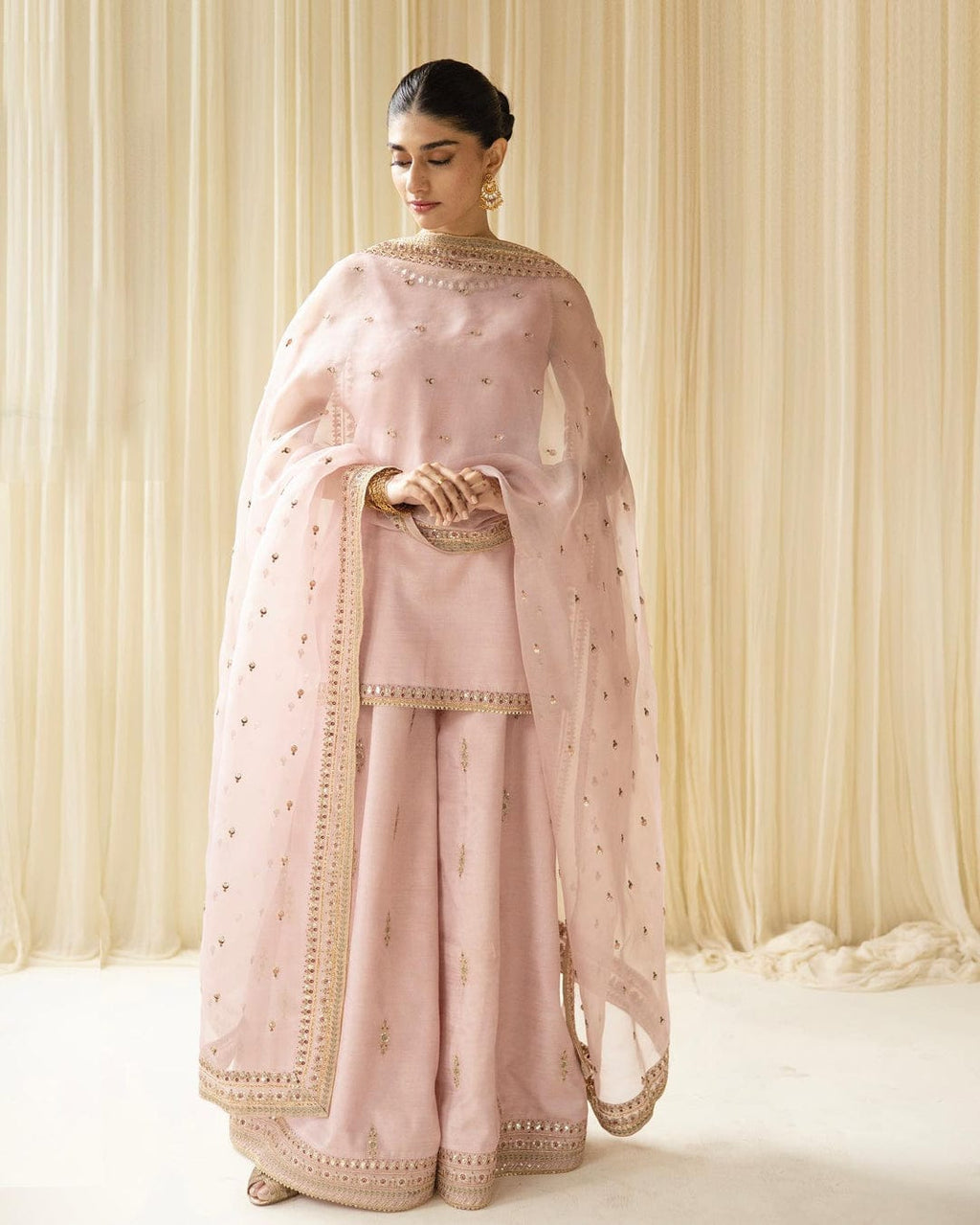 Baby pink tilla and sequin embroidered 3 piece suit by Ezno