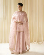 Baby pink tilla and sequin embroidered 3 piece suit by Ezno