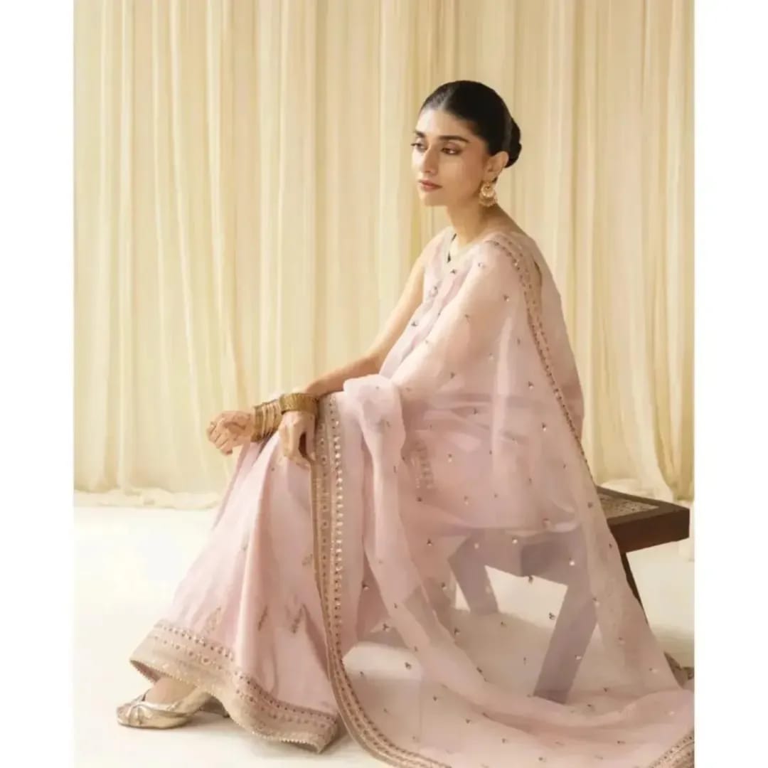 Baby pink tilla and sequin embroidered 3 piece suit by Ezno