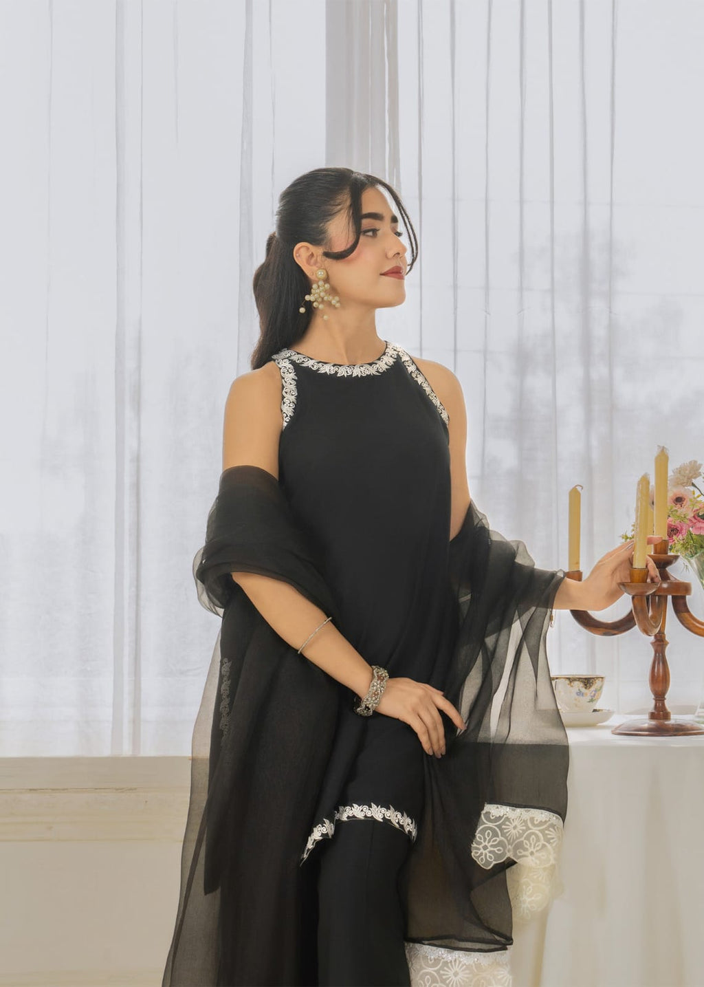 Black silk short shirt with embroidered neckline sleeves and daman Black Royal
