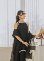 Black silk short shirt with embroidered neckline sleeves and daman Black Royal