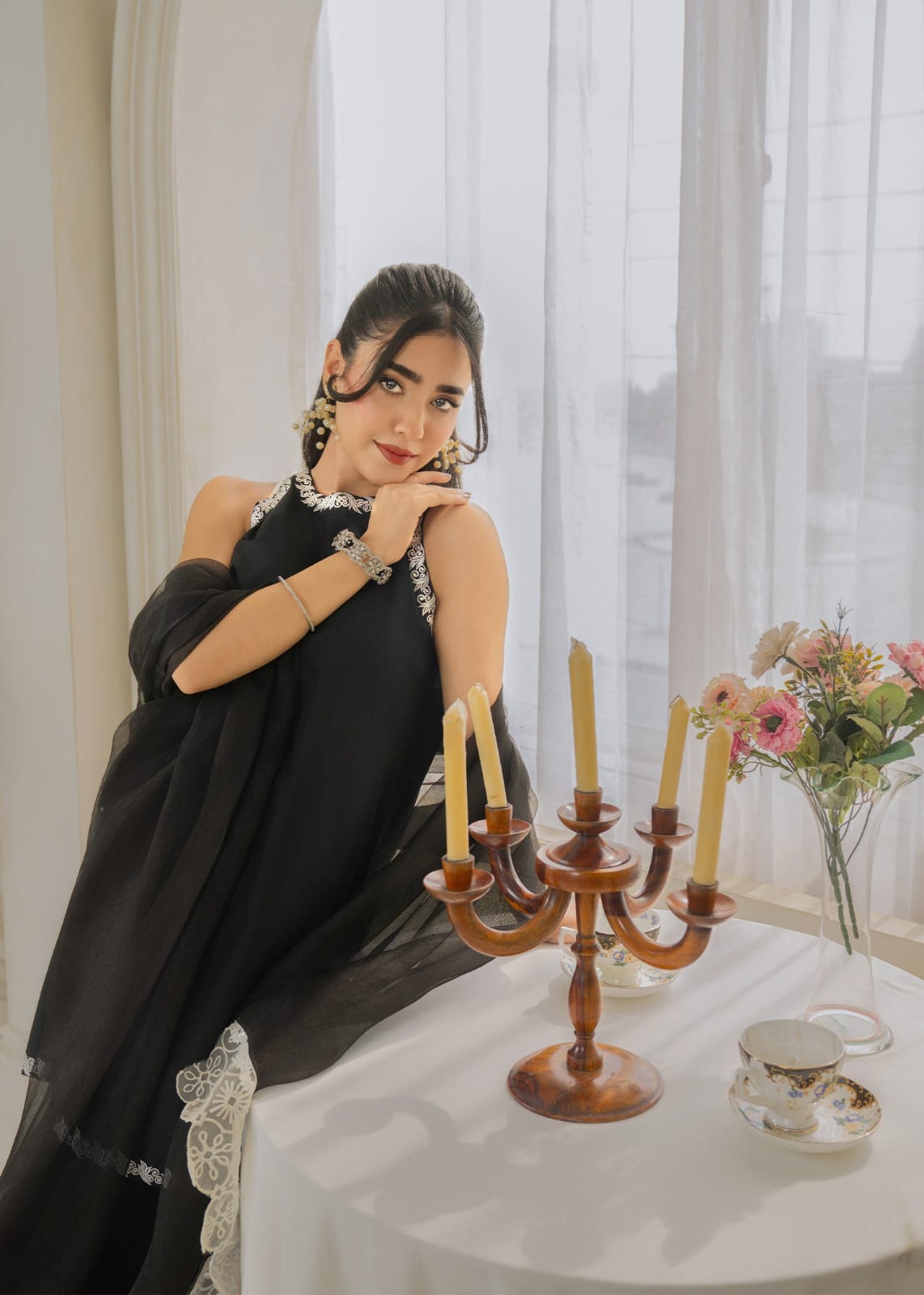 Black Royal silk embroidered short shirt with culottes and organza dupatta by Ezno
