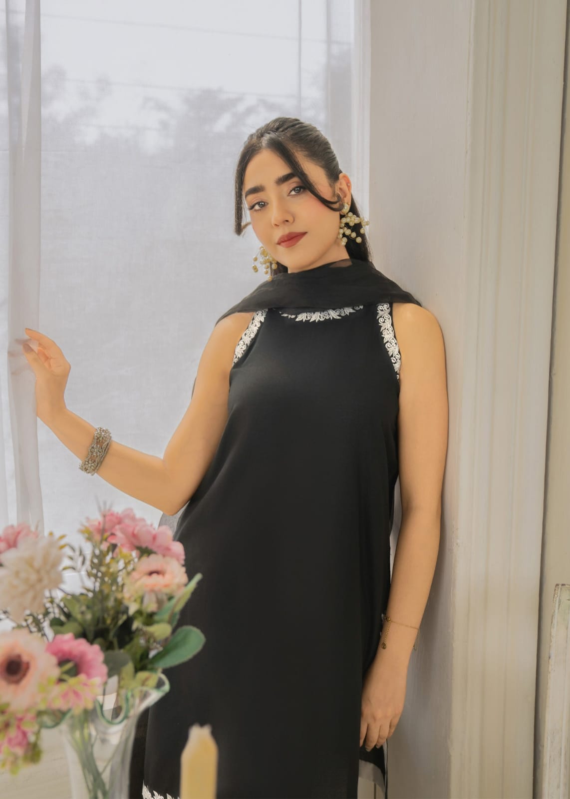 Black silk short shirt with embroidered neckline sleeves and daman Black Royal