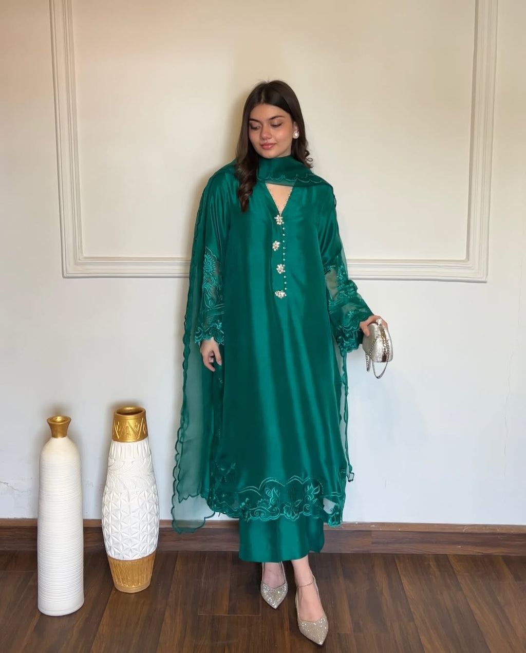 Diva silk embroidered long shirt with culottes and cutwork organza dupatta by Ezno