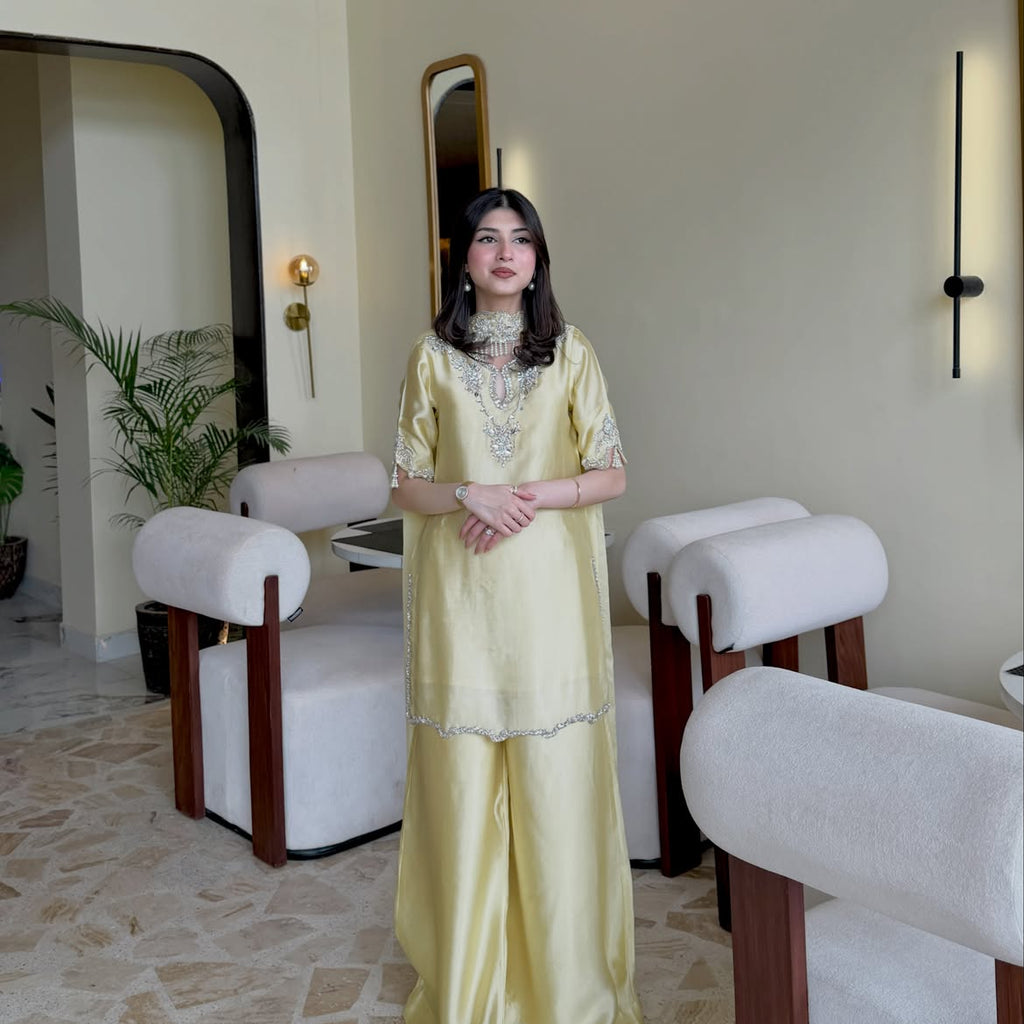 Light yellow embroidered 3 piece formal suit with pearl and sequin work by Ezno