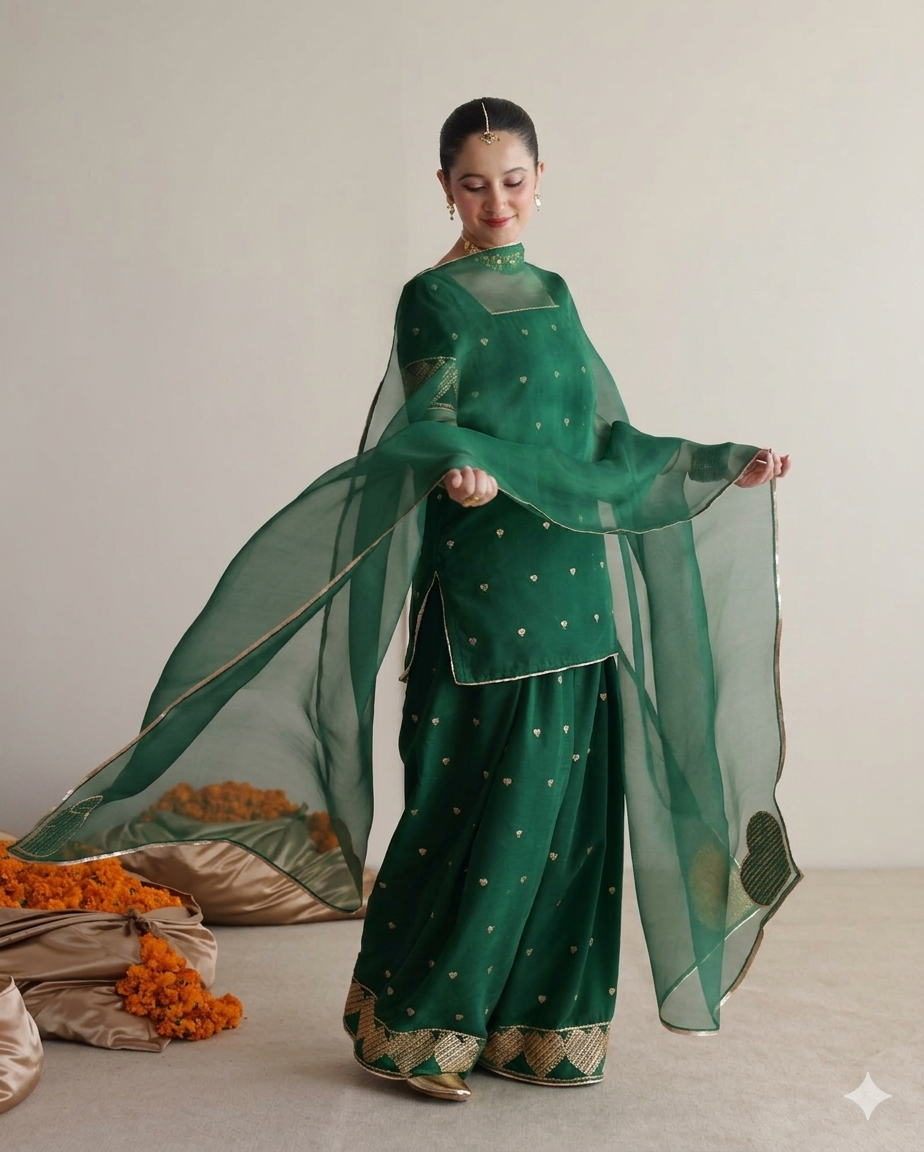 Mehmal bottle green raw silk embroidered kurta with farshi shalwar by Ezno