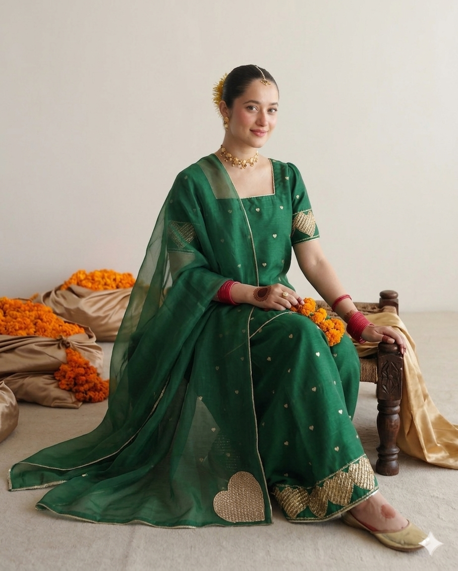 Bottle green short embroidered raw silk kurta Mehmal Ezno
