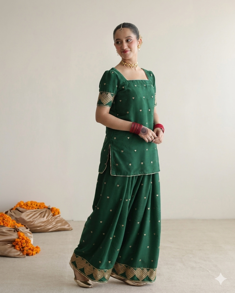 Bottle green raw silk farshi shalwar Mehmal suit