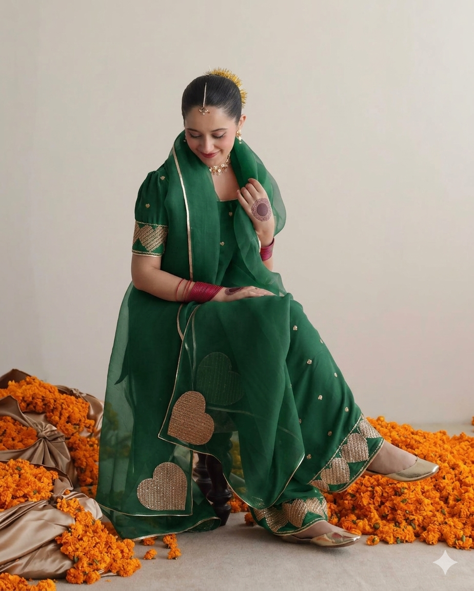 Bottle green short embroidered raw silk kurta Mehmal Ezno