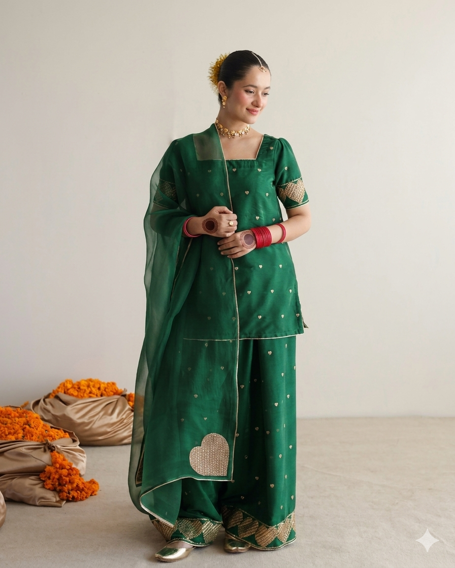 Mehmal bottle green raw silk embroidered kurta with farshi shalwar by Ezno