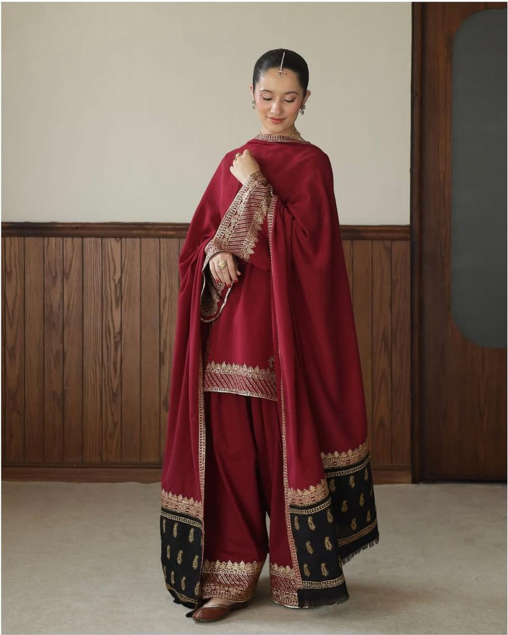 Regal maroon Dhanak gold embroidered 3 piece winter suit with shawl by Ezno