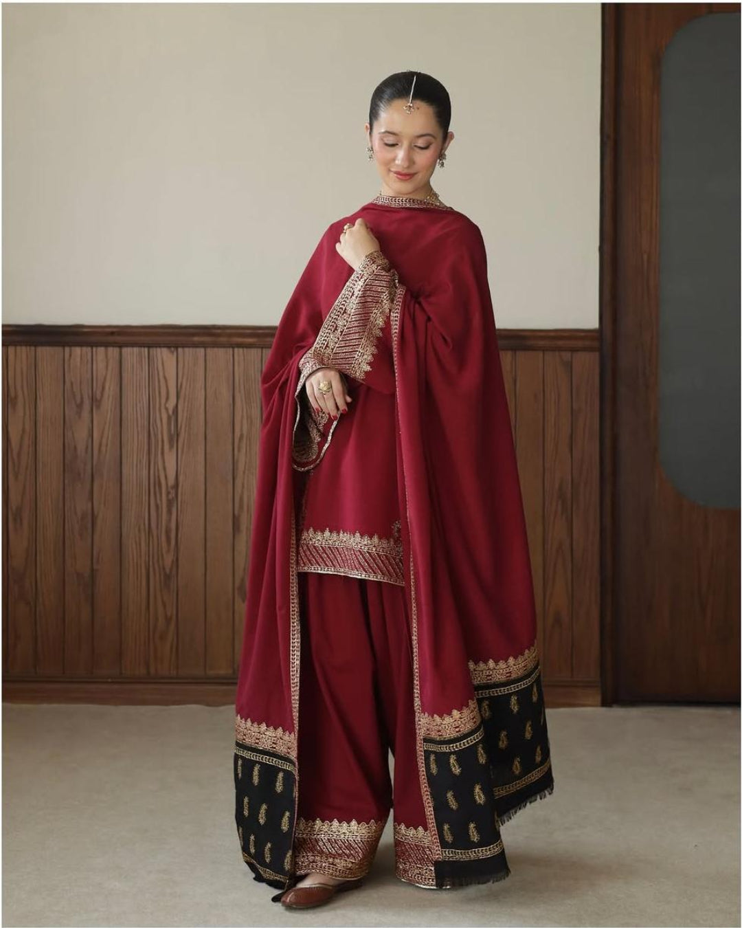 Regal maroon Dhanak gold embroidered 3 piece winter suit with shawl by Ezno
