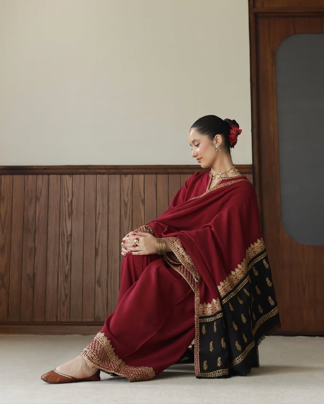 Maroon Dhanak shirt with gold embroidery on cuffs and daman Regal Ezno