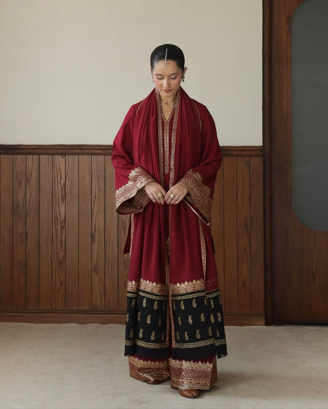 Maroon Dhanak trousers with gold embroidery Regal winter suit