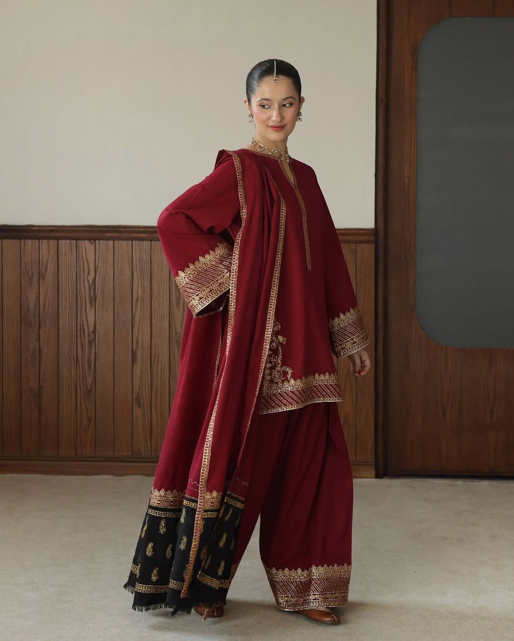 Regal maroon Dhanak gold embroidered 3 piece winter suit with shawl by Ezno