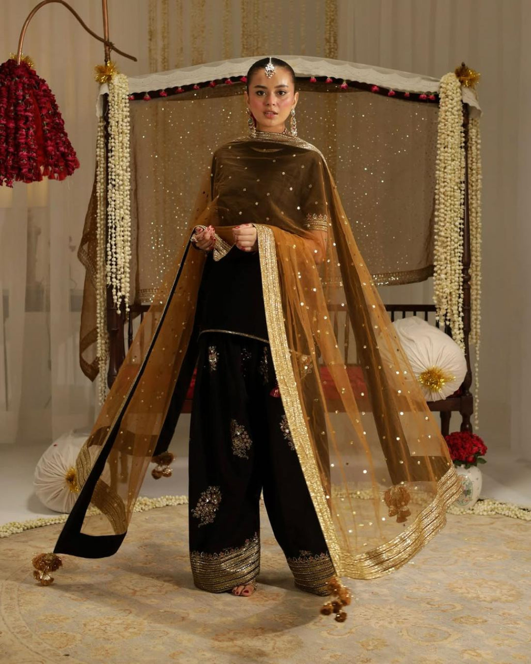 Zayra black raw silk embroidered 3 piece suit with organza dupatta by Ezno