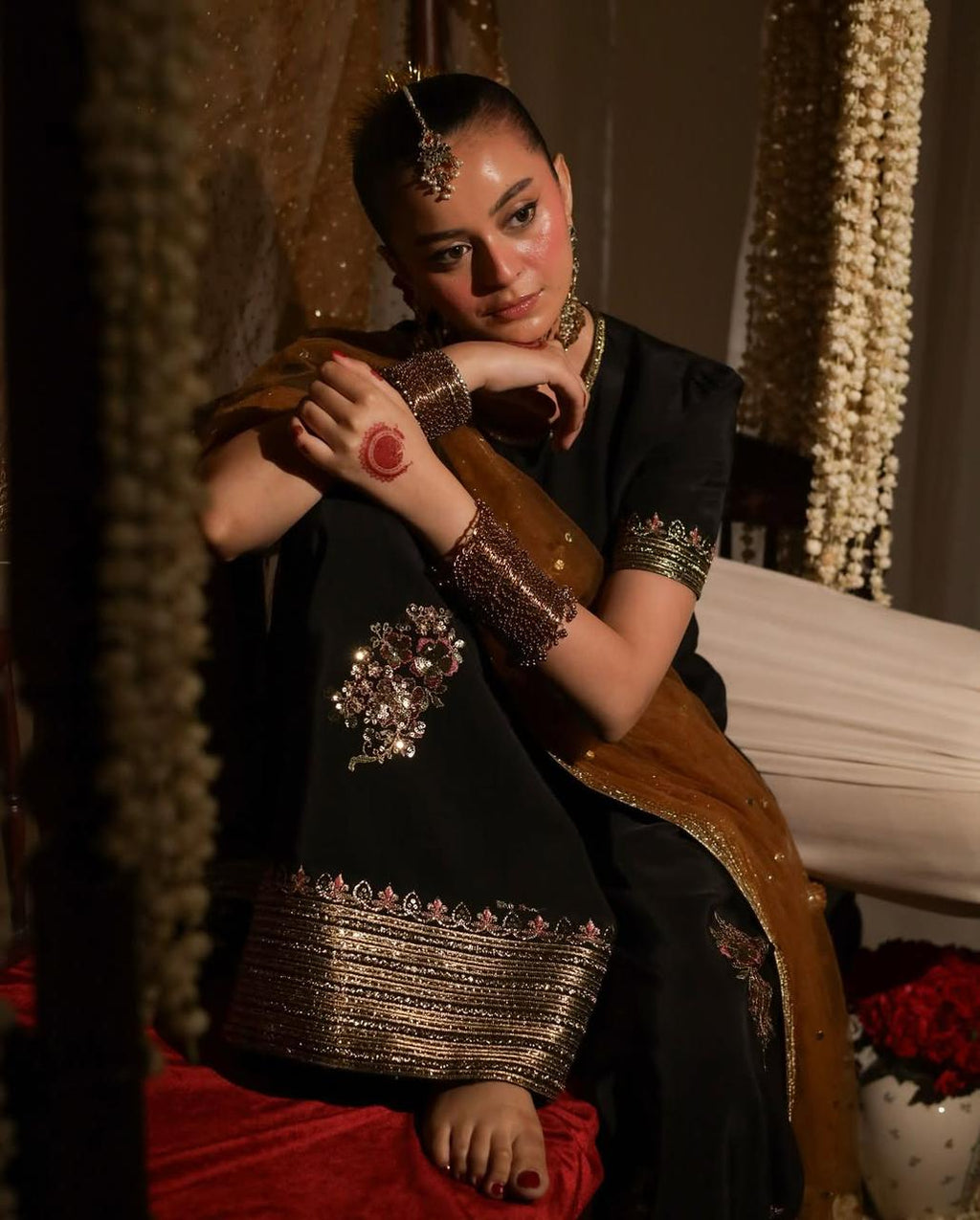 Black raw silk shirt with heavy embroidered cuff work Zayra Ezno
