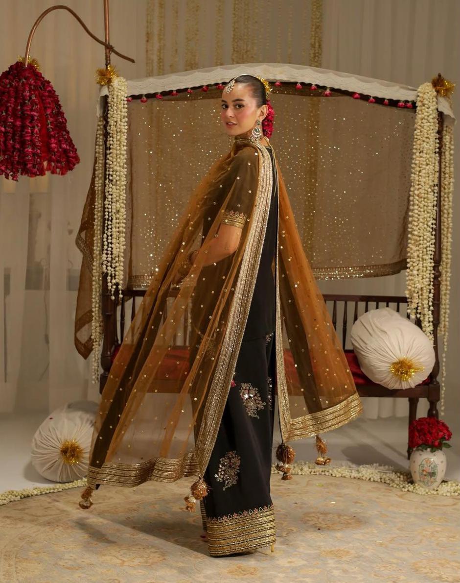 Zayra black raw silk embroidered 3 piece suit with organza dupatta by Ezno