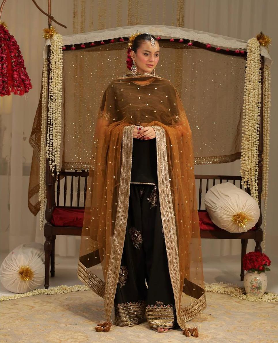 Black raw silk shirt with heavy embroidered cuff work Zayra Ezno