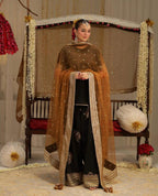 Black raw silk shirt with heavy embroidered cuff work Zayra Ezno