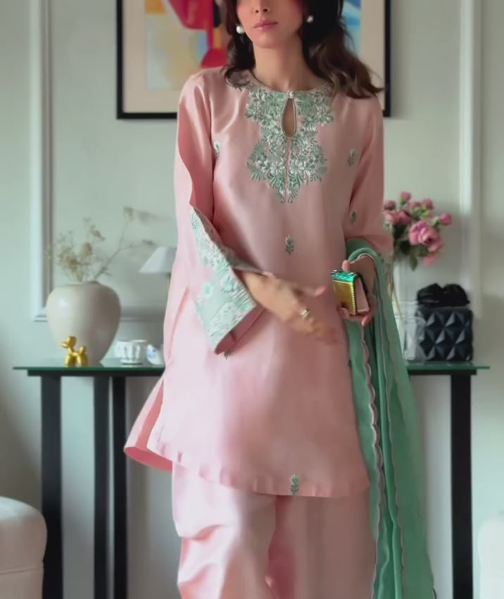 Peach Blossom – Premium Silk Embroidered Suit