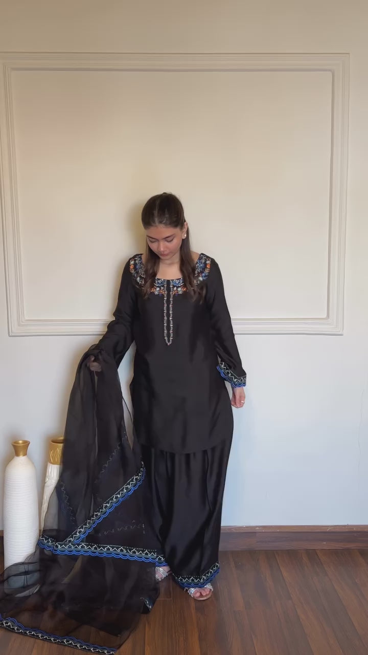 Azure Noir – Black Silk Embroidered 3 Piece Suit with Organza Dupatta | EZNO